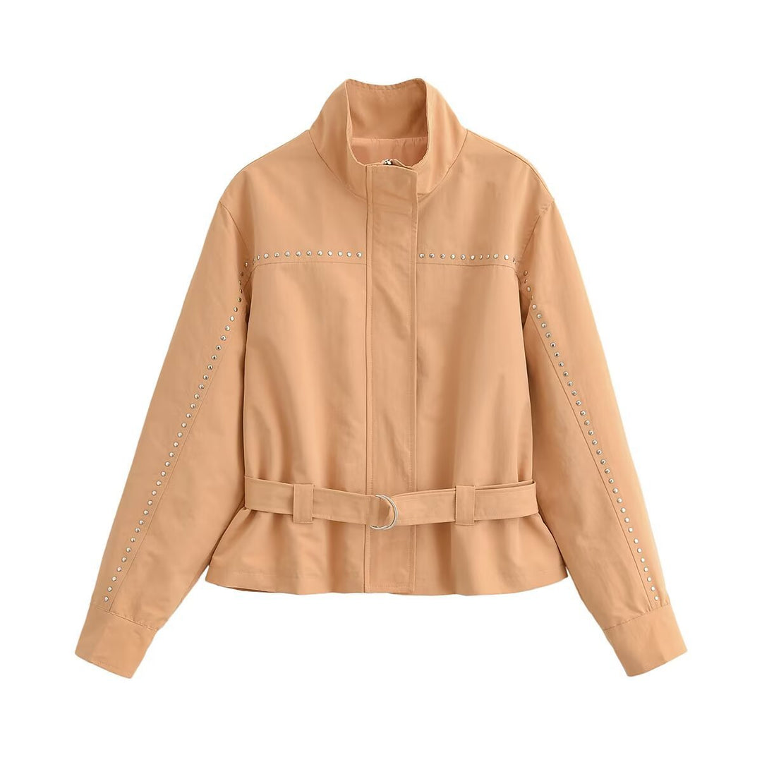 Damen Kurzjacke mit Nietenbesatz, Stehkragen und Taillengürtel Shop Nory