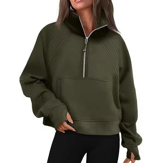 Damen nan weit geschnittenes Kurzpullover mit Stehkragen, halbem Reißverschluss und Kängurutasche Shop Nory