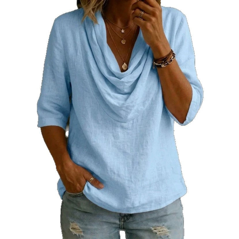Damen nan luftige Leinenbluse mit drapiertem Wasserfallkragen, lockerer Silhouette und dreiviertelärmeln