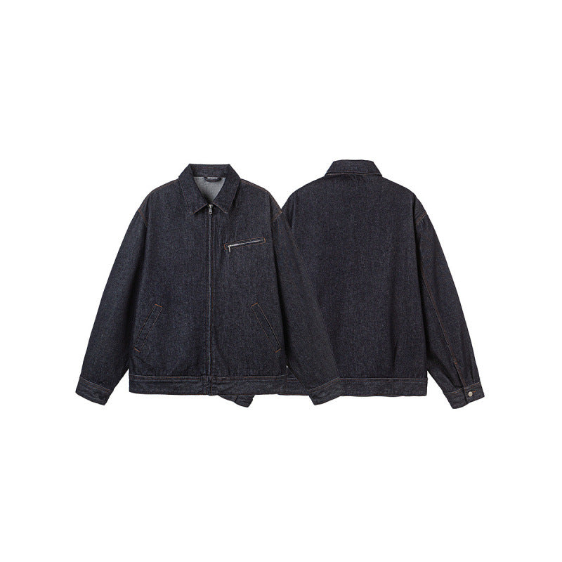 Herren Boxy-Denimjacke mit durchgehendem Reißverschluss, Brust-Reißverschlusstasche und Hemdkragen Shop Nory
