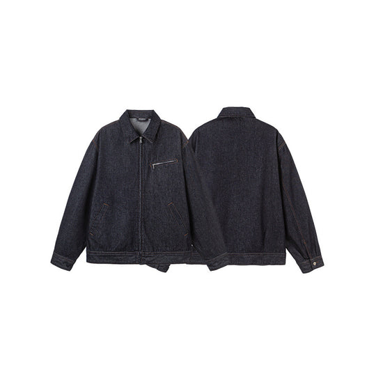 Herren Boxy-Denimjacke mit durchgehendem Reißverschluss, Brust-Reißverschlusstasche und Hemdkragen Shop Nory