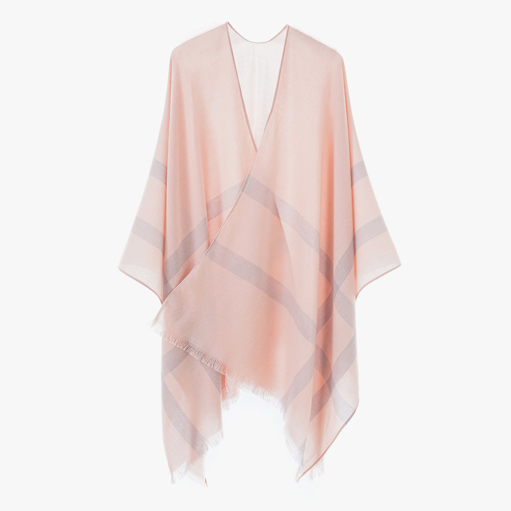 Damen Leichter V-Ausschnitt-Poncho aus feinem Gewebe mit diagonalen Kontraststreifen Shop Nory