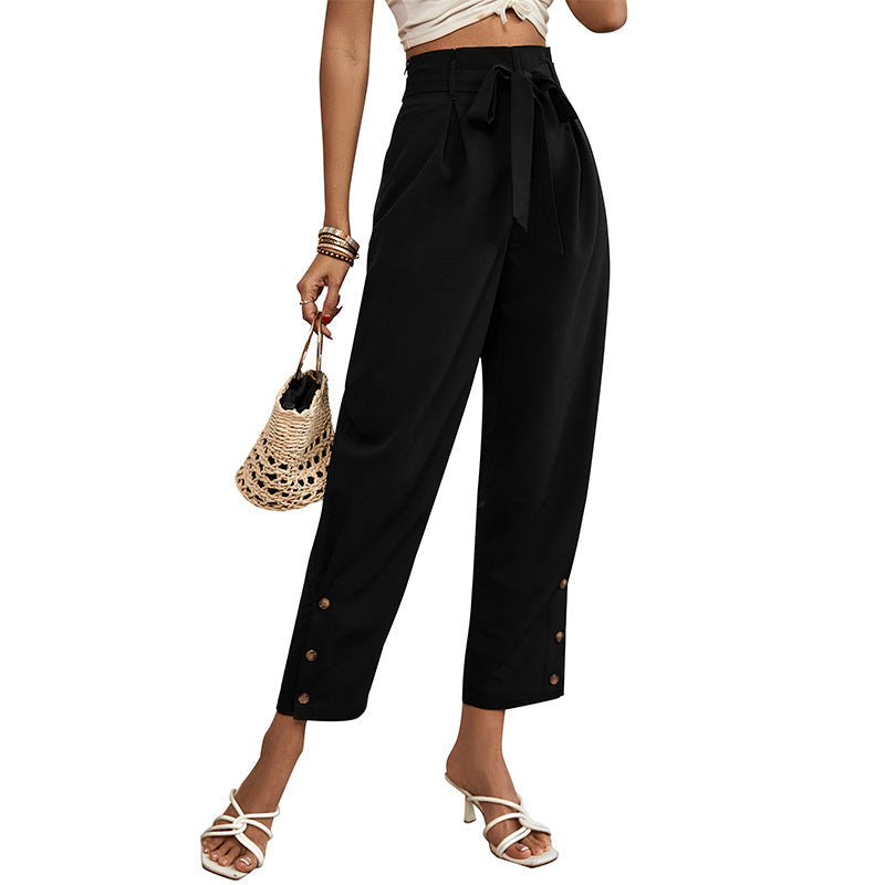 Damen Hochtaillierte Paperbag-Hose mit Bindegürtel, tapered Bein und Zierknopfleiste Shop Nory