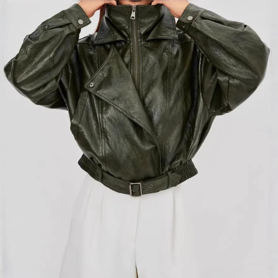 Damen Modische Lederjacke mit Hüftgürtel
