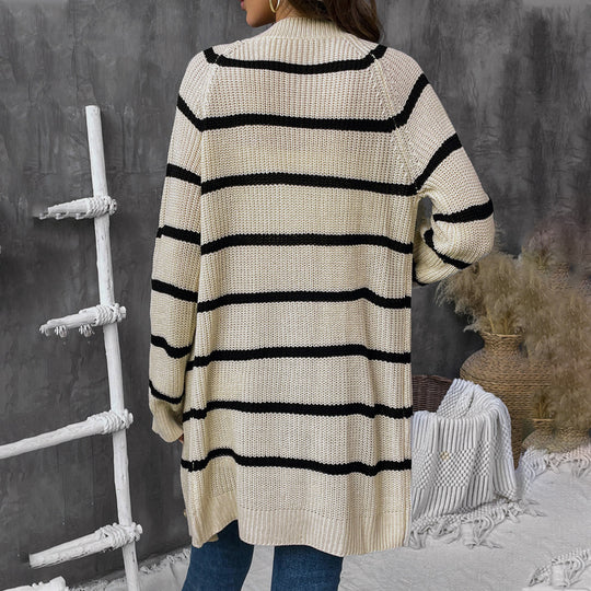 Damen Langer gestreifter Grobstrick-Cardigan mit Knopfleiste, Rippbündchen und Oversize-Silhouette Shop Nory