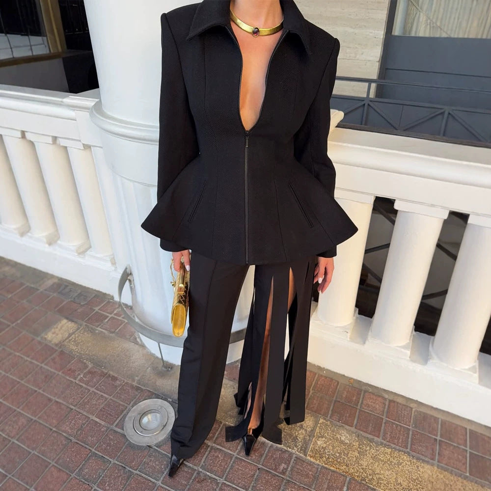 Damen taillierter Zip-Blazer mit Schößchen & strukturierter Schulter Shop Nory