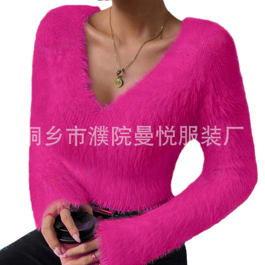 Damen Flauschiger Crop-Pullover mit V-Ausschnitt und Eyelash-Struktur Shop Nory