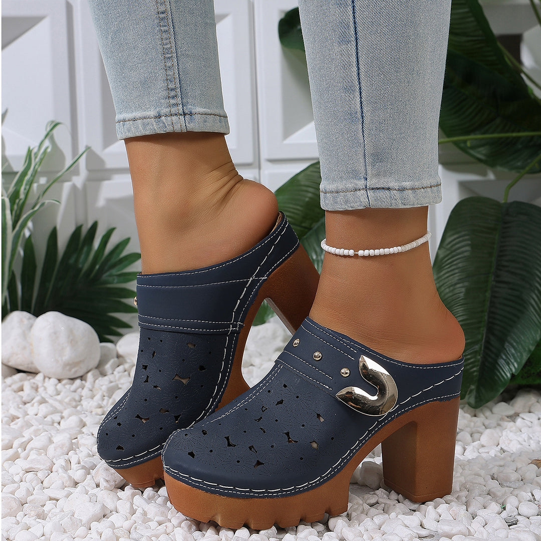 Damen Plateau-Clogs mit floralem Perforationsmuster, dekorativer Metallschnalle und hohem Blockabsatz Shop Nory