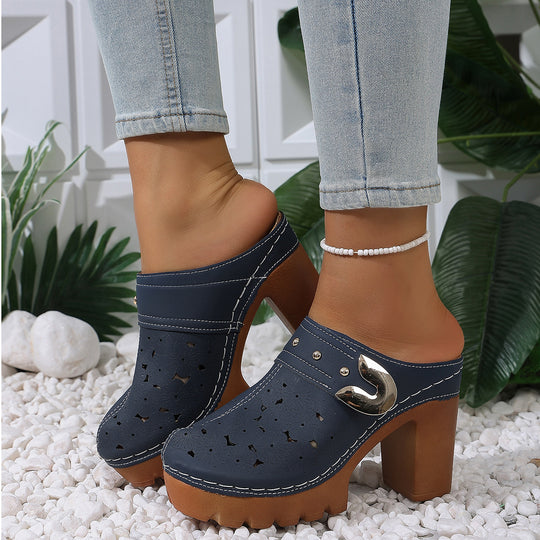 Damen Plateau-Clogs mit floralem Perforationsmuster, dekorativer Metallschnalle und hohem Blockabsatz Shop Nory