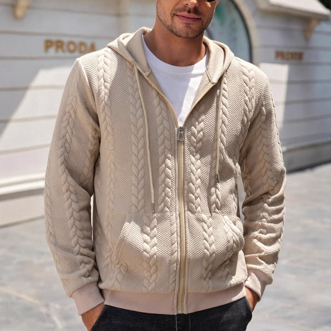 Herren strukturierte Kapuzen-Sweatjacke mit Zopfmuster, durchgehendem Reißverschluss und Kängurutasche Shop Nory