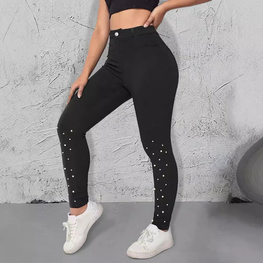 Damen High-Waist Stretch-Jeggings im Denim‑Look mit Perlen-Scatter Shop Nory