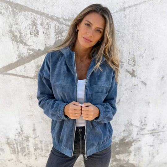 Damen nan Feincord-Übergangsjacke mit Kapuze, Reißverschluss, elastischen Bündchen und seitlichen Eingrifftaschen Shop Nory
