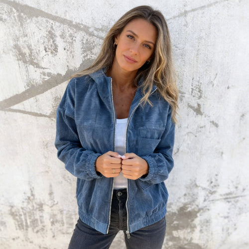 Damen nan Feincord-Übergangsjacke mit Kapuze, Reißverschluss, elastischen Bündchen und seitlichen Eingrifftaschen Shop Nory