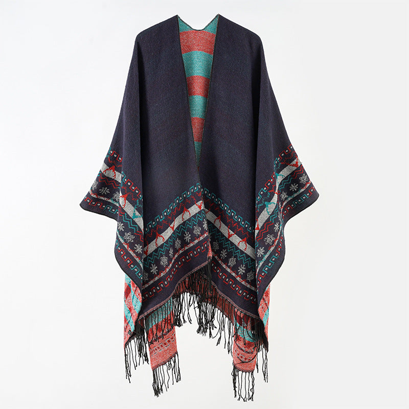 Damen Wollmix-Kimono-Poncho mit Norwegerbordüre und Fransen Shop Nory