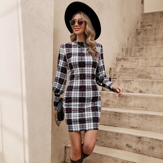 Damen Tailliertes Karo-Minikleid mit Stehkragen, Ballonärmeln und Ziergürtel Shop Nory