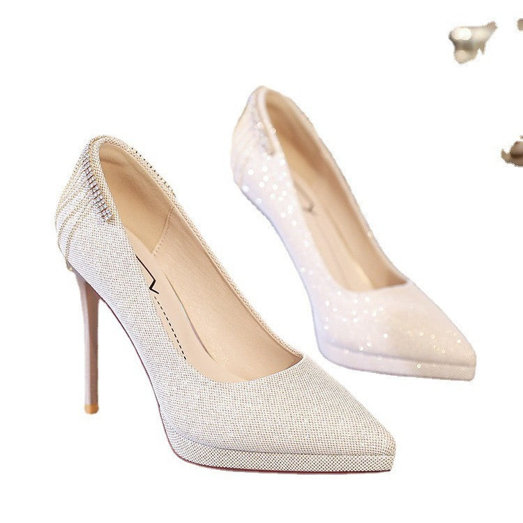 Damen nan elegante Abend-Pumps mit feinem Glitzermesh, spitzer Zehenpartie, filigranem Stilettoabsatz und dekorativer Fersenapplikation