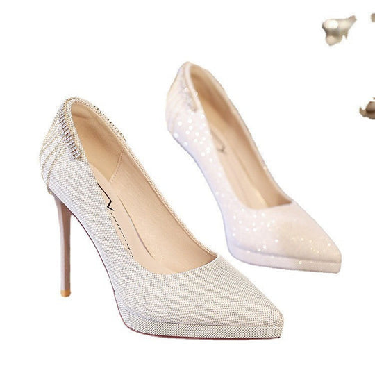 Damen nan elegante Abend-Pumps mit feinem Glitzermesh, spitzer Zehenpartie, filigranem Stilettoabsatz und dekorativer Fersenapplikation