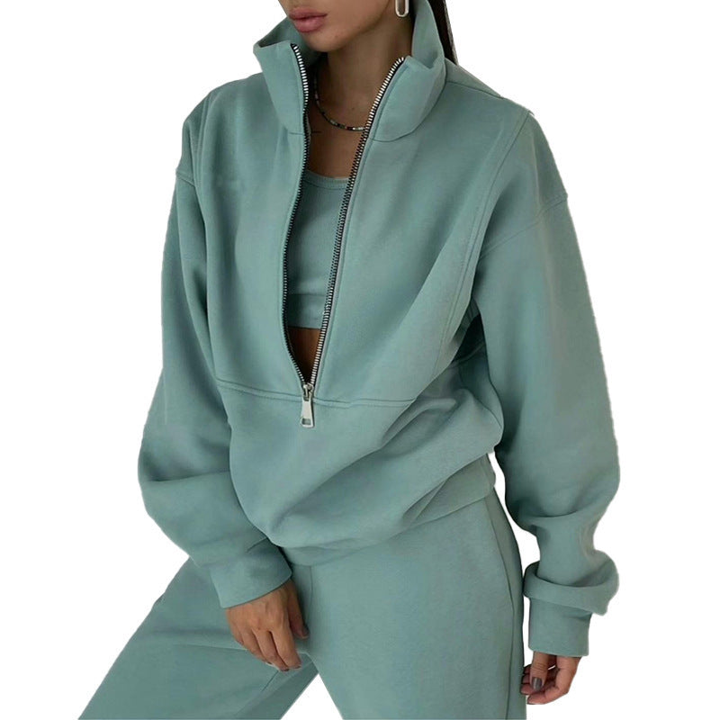 Jogginganzug Damen sportlich elegant mit Oversize-Hoodie und hohem Kragen