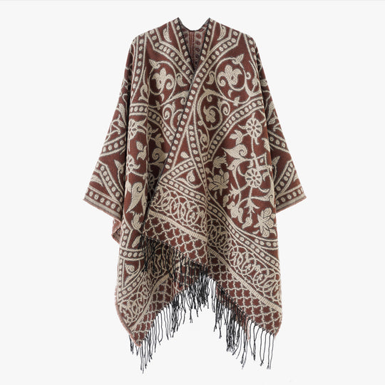 Damen Jacquard-Überwurf mit orientalischem Ornamentmuster und Fransensaum Shop Nory