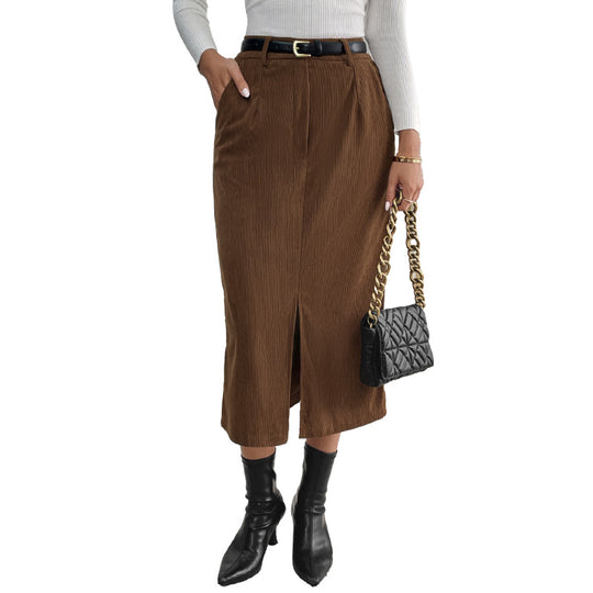Damen Cord-Midirock mit hohem Bund, Eingrifftaschen und mittigem Schlitz Shop Nory