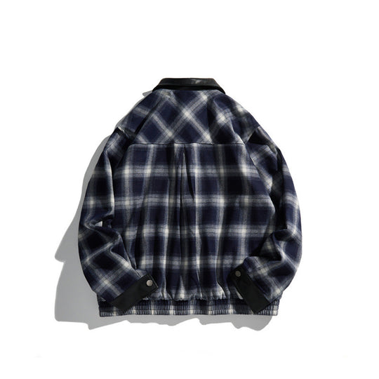 Herren Kastenförmige karierte Hemdjacke mit Kunstlederkragen, Druckknopfverschluss und Lederbesätzen Shop Nory