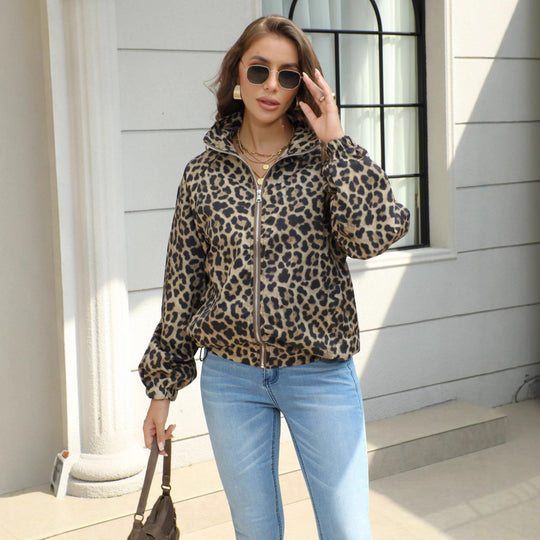 Damen Leopard-Print Bomberjacke mit Stehkragen, Reißverschluss und Gummizug Shop Nory
