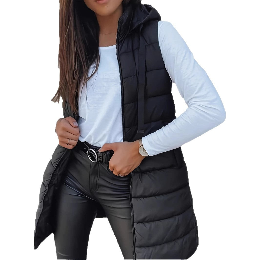 Damen Stylische gesteppte Weste mit Kapuze und langen Schnitt