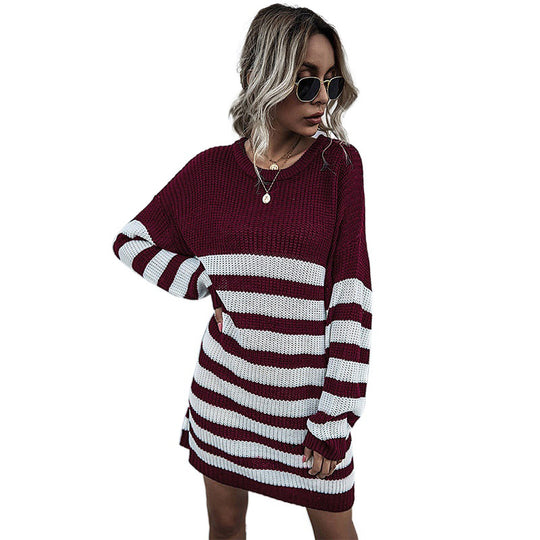 Damen Modisches Strickkleid mit gestreiftem Design Shop Nory