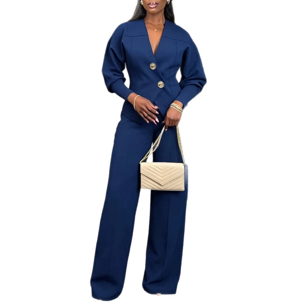 Damen Zweiteiliges tailliertes Blazer‑Hosen‑Set mit goldenen Zierknöpfen und weitem Palazzo-Bein Shop Nory