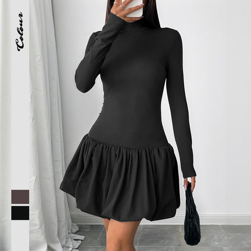 Damen Figurbetontes Minikleid mit Rippenoberteil, Stehkragen und gerafftem Ballonrock Shop Nory