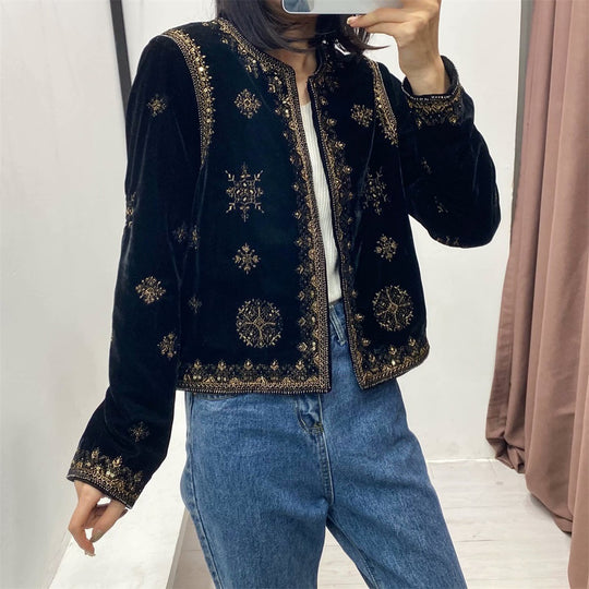 Damen Samt-Kurzjacke mit ornamentaler Perlen- und Zierstickerei Shop Nory
