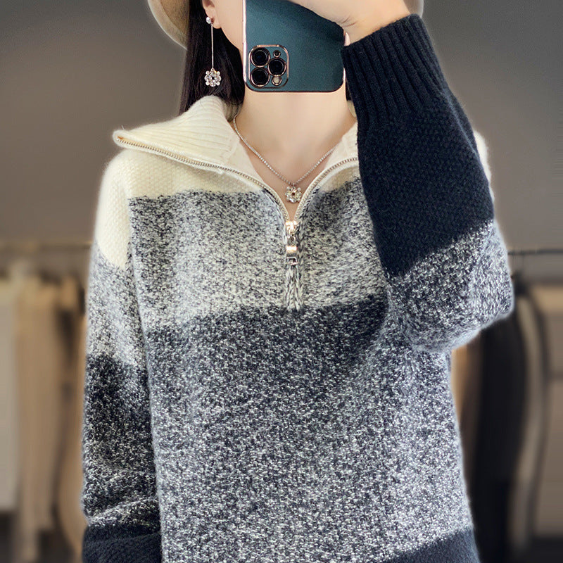 Damen Oversize-Strickpullover mit halbem Zip, meliertem Blockstreifen und weichem Flor Shop Nory