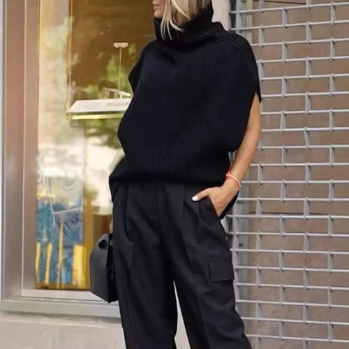 Damen Strick-Ärmellose Weste mit Rollkragen und Rippstruktur Shop Nory