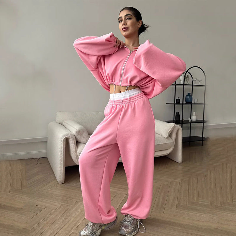 Damen kurzes Kapuzenzipper-Lounge-Set mit oversized Ärmeln und weitem Jogginghose-Schnitt Shop Nory