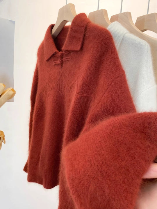 Damen Polokragen-Pullover im Mohair‑Look mit Ajour‑Zopfmuster, überschnittener Schulter und weiter Silhouette Shop Nory