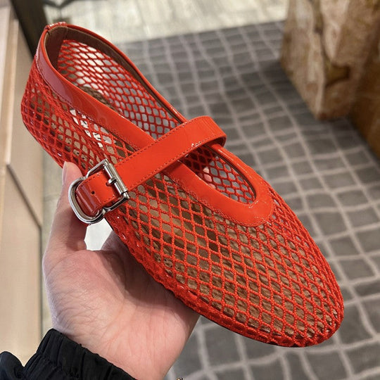 Damen Netz-Ballerinas mit elegantem Riemen und bequemer Sohle