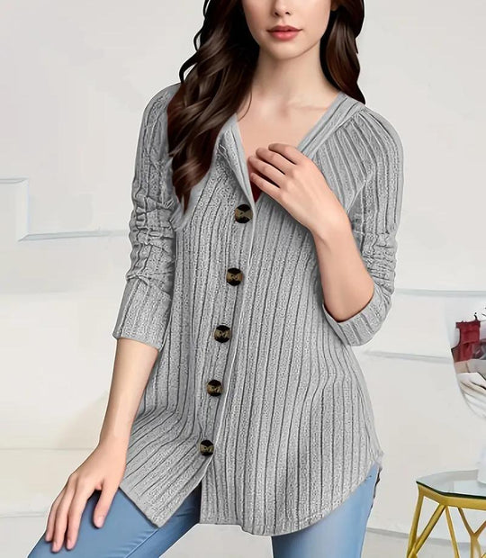 Damen kaschierender gerippter Strickcardigan mit V-Ausschnitt und dekorativen Knöpfen Shop Nory