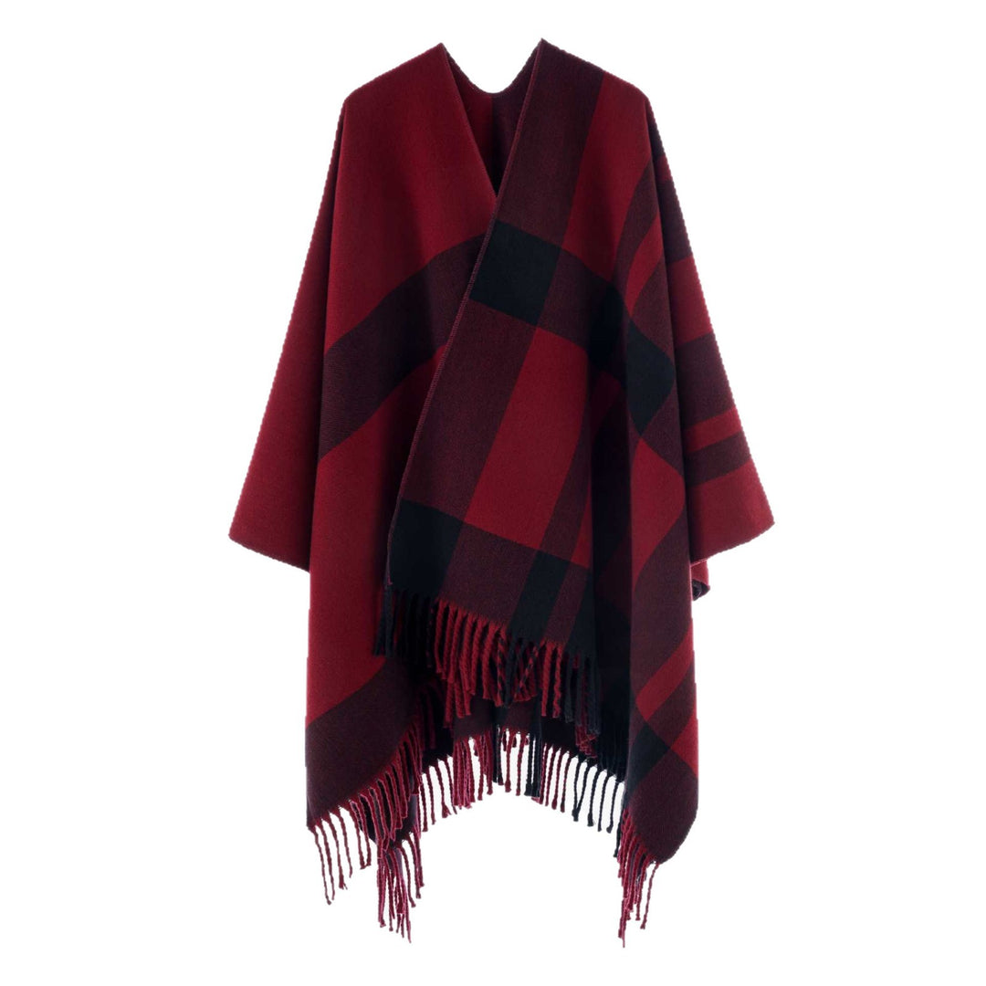Damen Großkaro-Capeponcho aus Wollmix mit Fransen und offenem Kragen Shop Nory