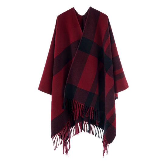 Damen Großkaro-Capeponcho aus Wollmix mit Fransen und offenem Kragen Shop Nory