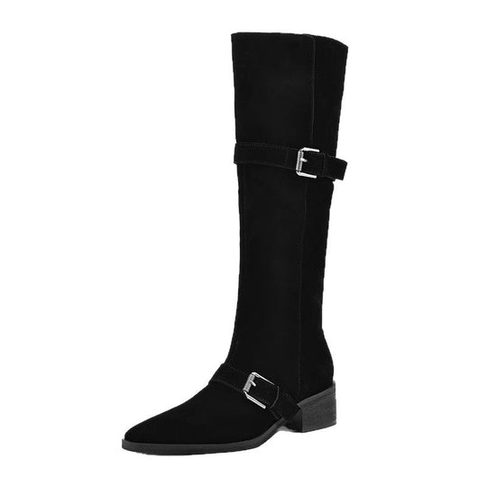 Damen Kniehohe Veloursleder-Slouch-Boots mit spitzer Zehenpartie, verstellbaren Zierschnallen und komfortablem Blockabsatz Shop Nory