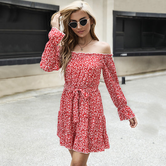 Damen schulterfreies Blumenkleid mit Carmenausschnitt, Taillenschnürung und Rüschensaum Shop Nory