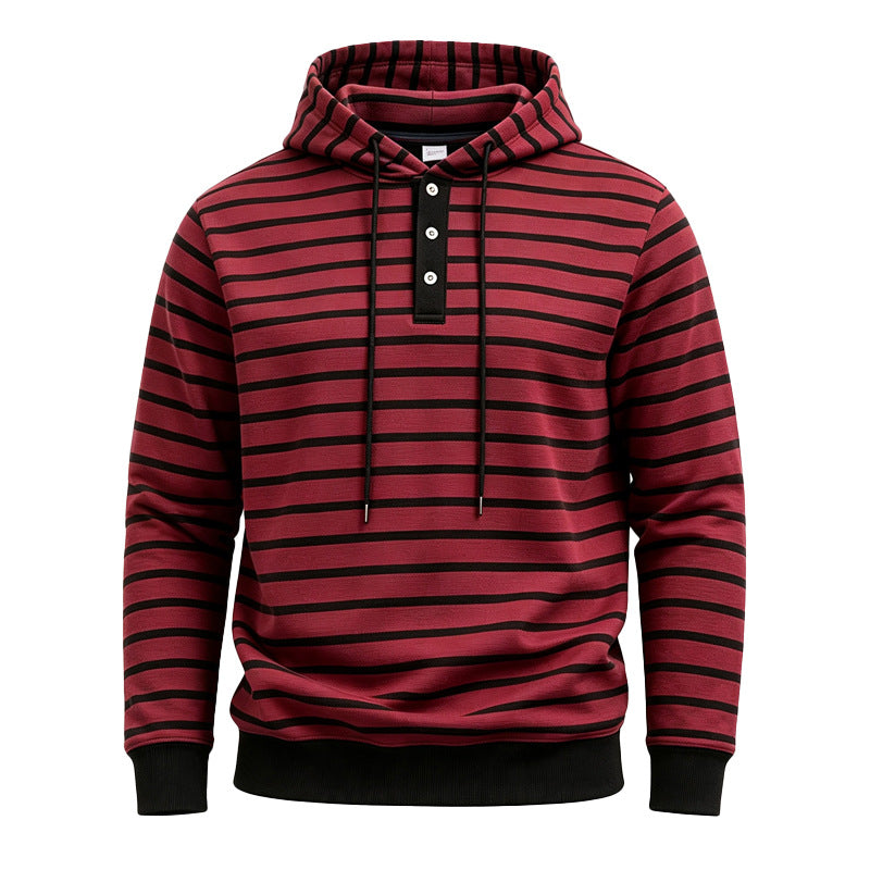 Herren Gestreifter Kapuzenpullover mit Henley‑Knopfleiste, Kordelzug und Rippbündchen Shop Nory