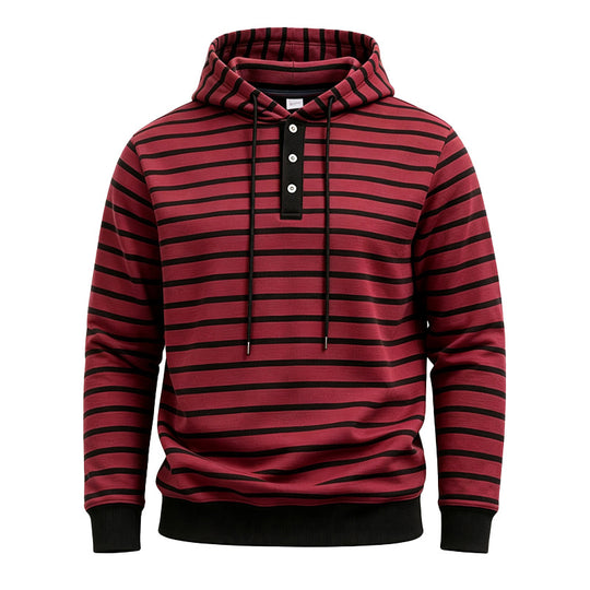Herren Gestreifter Kapuzenpullover mit Henley‑Knopfleiste, Kordelzug und Rippbündchen Shop Nory