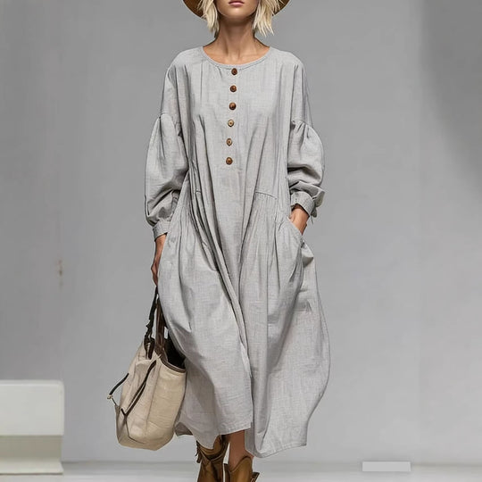 Damen Lässiges Midi-Kleid mit Knopfleiste, Ballonärmeln und Eingrifftaschen Shop Nory
