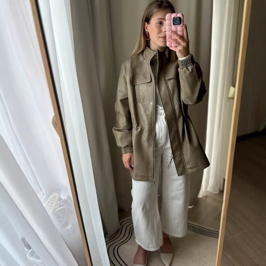 Damen Lederoptik-Parka mit Tunnelzugtaillierung, Stehkragen und Pattentaschen Shop Nory