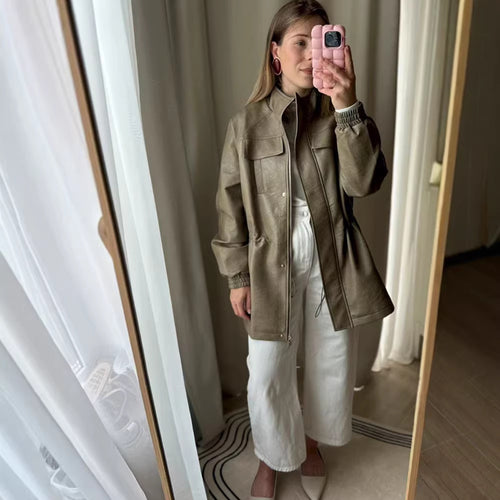 Damen Lederoptik-Parka mit Tunnelzugtaillierung, Stehkragen und Pattentaschen Shop Nory
