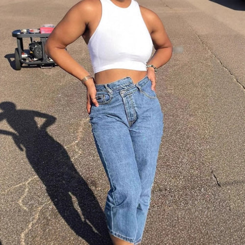 Damen Hochgeschnittene Cropped-Mom-Jeans mit asymmetrischem Bund und geradem Bein Shop Nory