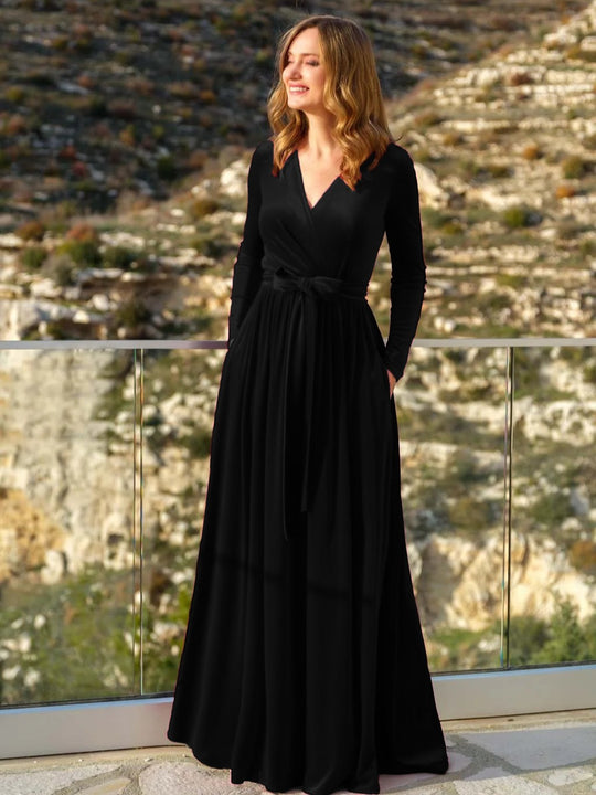 Damen nan elegantes Wickelmaxikleid aus Samt mit V-Ausschnitt, Taillengürtel und seitlichen Eingrifftaschen Shop Nory