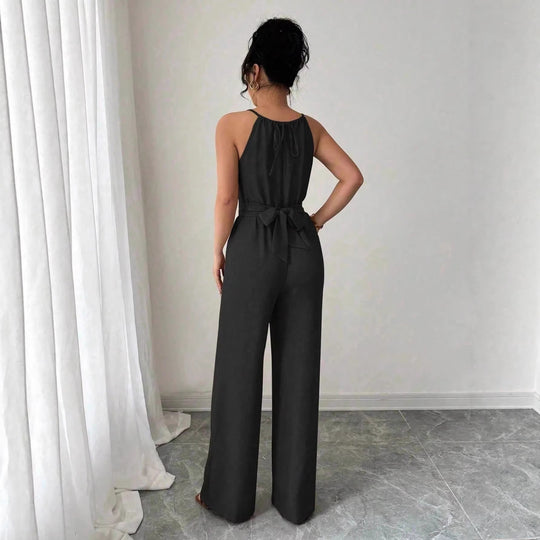 Damen Ärmelloser Neckholder-Jumpsuit mit Wickeloberteil und weitem Bein Shop Nory