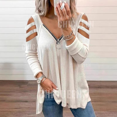 Damen lässiges Oberteil mit modischen Cut-Out-Details und Reißverschluss Shopnory